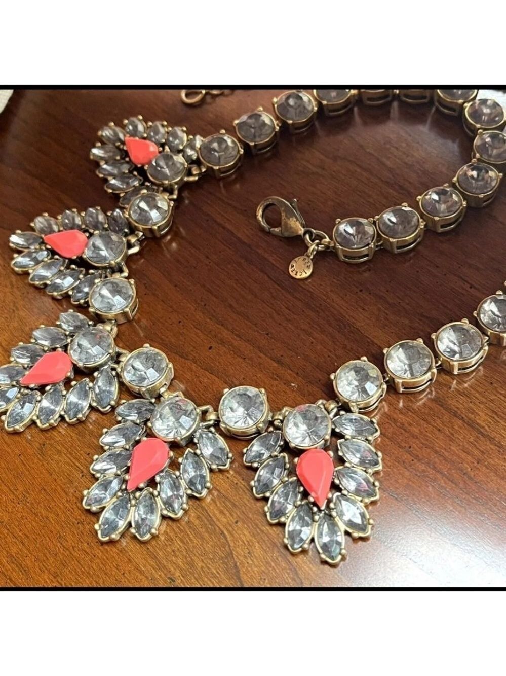 J CREW Aged Brass Gray Coral Chunky Art Deco Cluster Crystal Statement Necklace - Picture 8 of 9